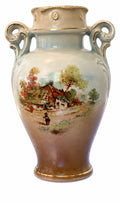 Antique Austrian Double-Handled Porcelain Vase, Red Mark 17, Turn-of-Century Landscape, Circa 1900
