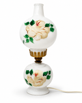 Vintage milk glass lamp with  plastic shade holder.