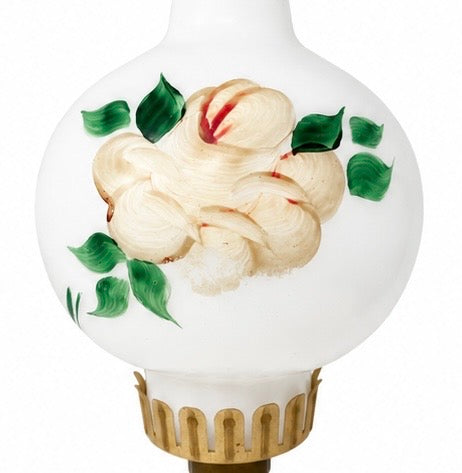Vintage milk glass lamp with  plastic shade holder.