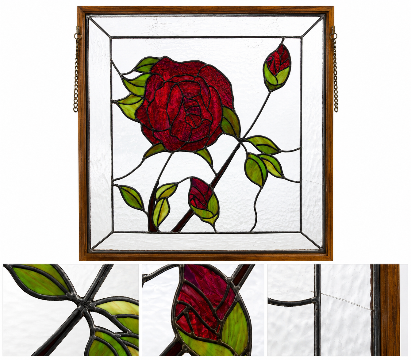 Cottage core modern  made rose stained glass window 24 inches x 26 inches