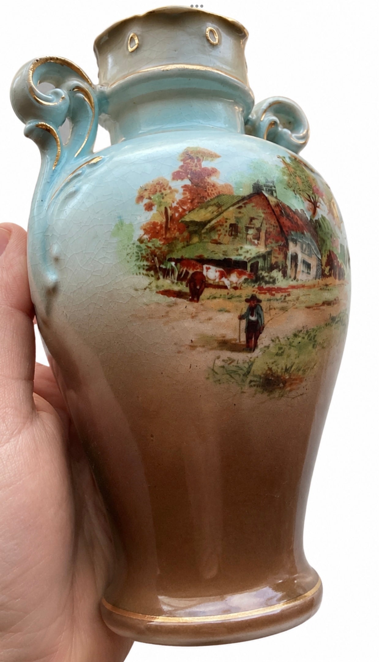 Antique Austrian Double-Handled Porcelain Vase, Red Mark 17, Turn-of-Century Landscape, Circa 1900
