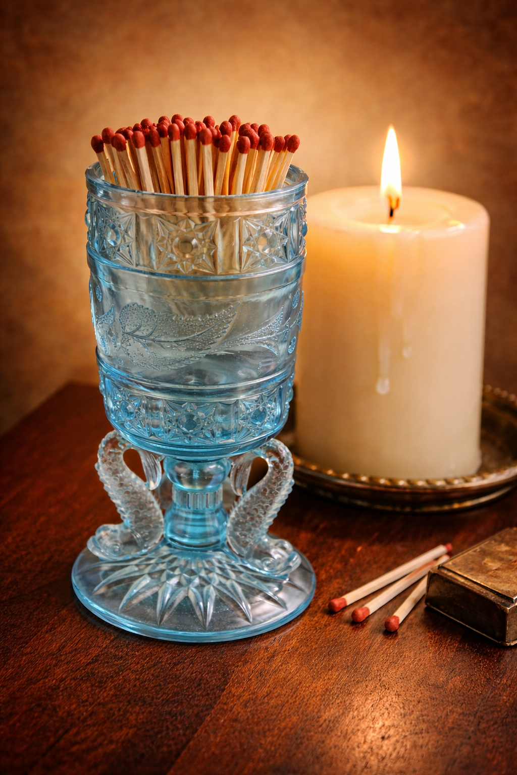 Antique Bryce, Higbee & co blue dolphin-footed matchstick holder 1897-1907-