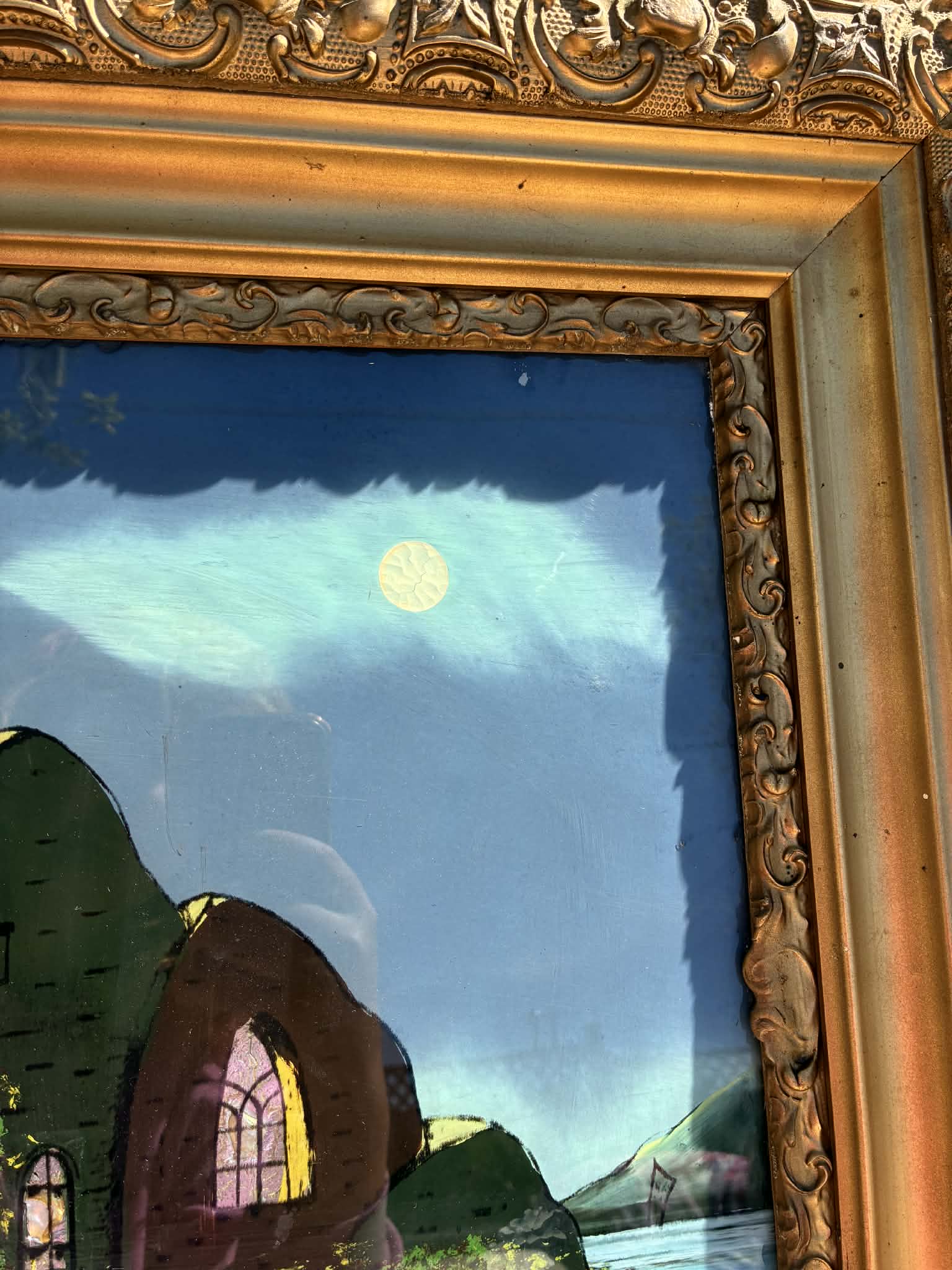 Cira 1880 Victorian reverse painting. Mother of pearl inlay 24inchesx28.5inches