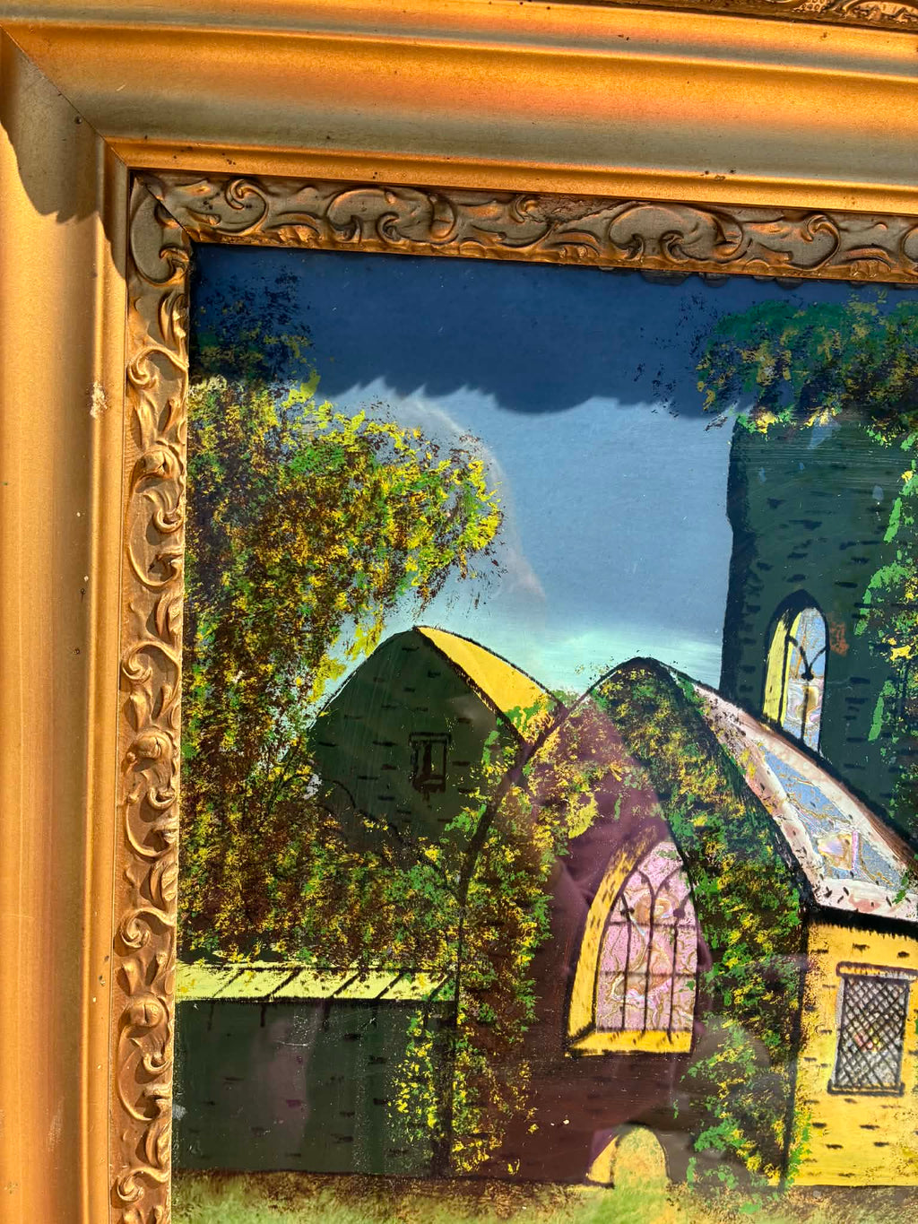 Cira 1880 Victorian reverse painting. Mother of pearl inlay 24inchesx28.5inches